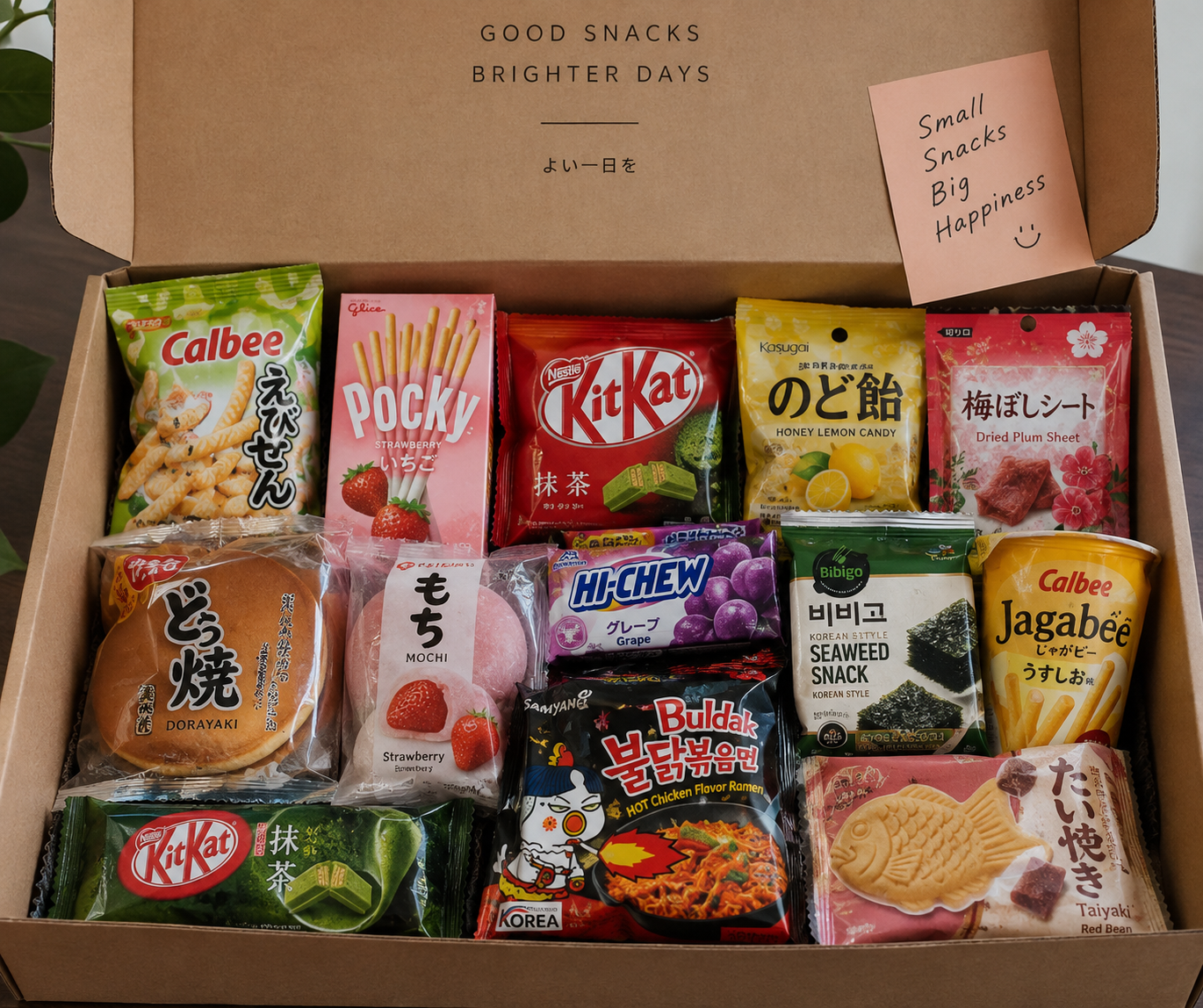 An open Kori.Snack box filled with independent Asian snacks