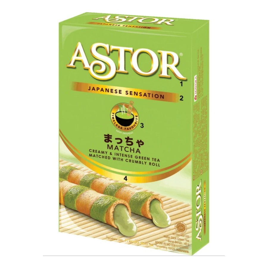 Green box of matcha cream filled wafer roll sticks
